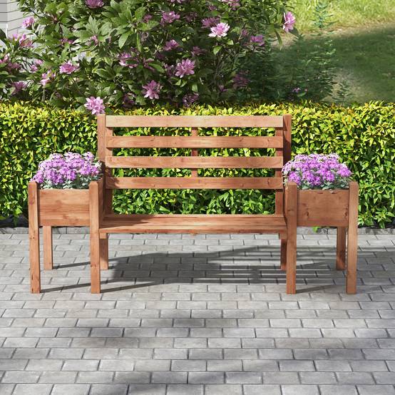 ComfortXL - Banc de jardin 2 places bois de sapin brun 184 x 59 x 95 cm extérieur avec jardinières intégrées latérales - Image 7