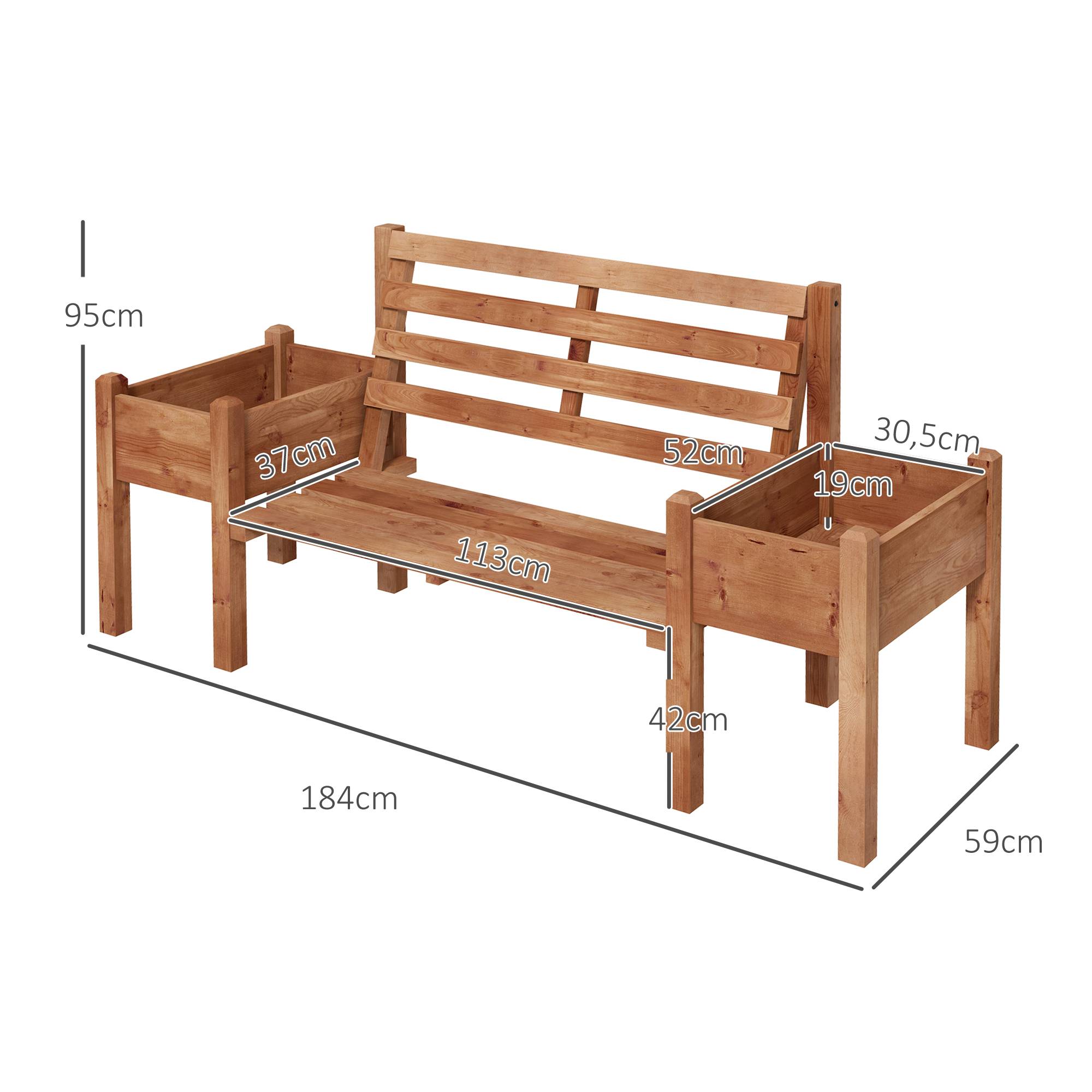 ComfortXL - Banc de jardin 2 places bois de sapin brun 184 x 59 x 95 cm extérieur avec jardinières intégrées latérales - Image 3