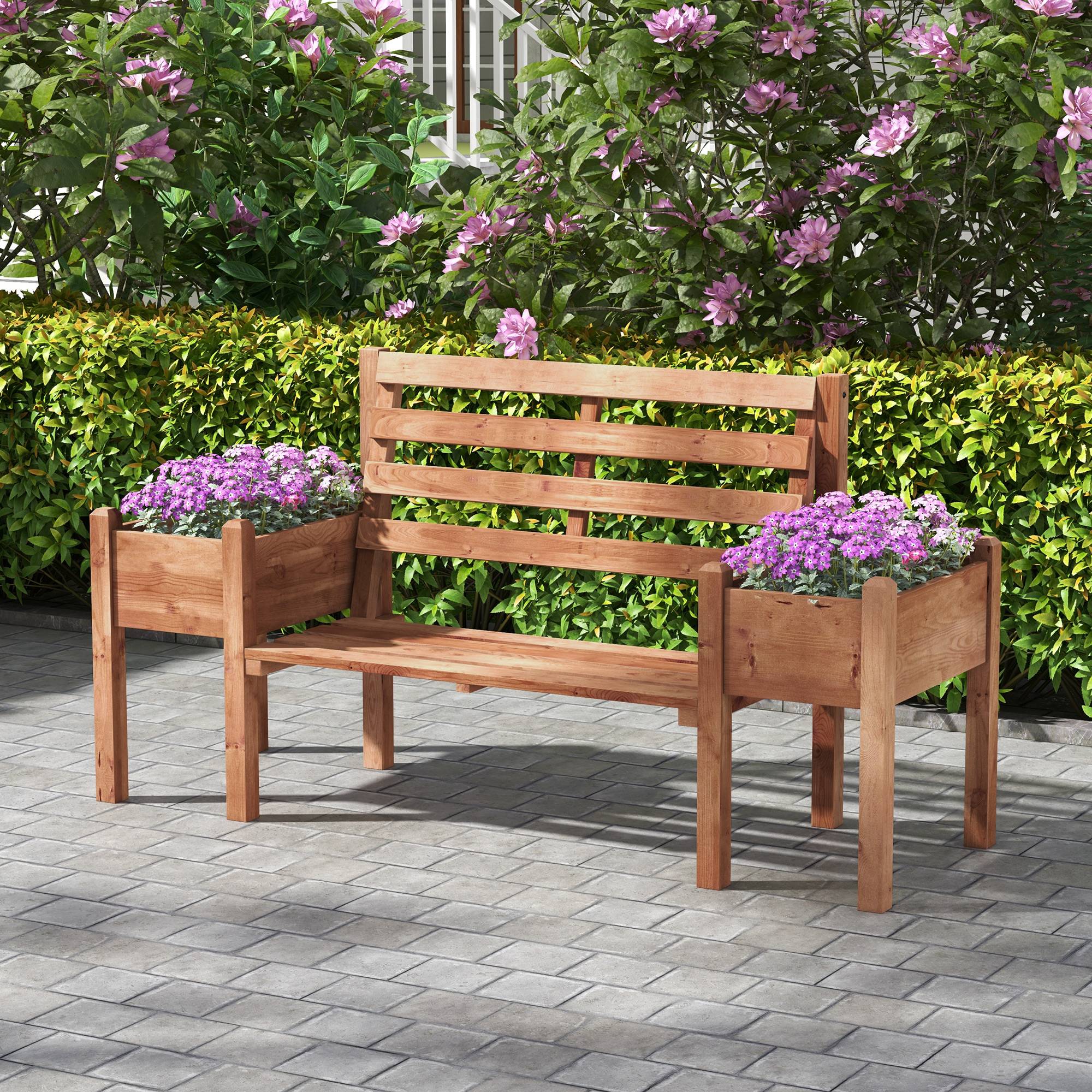 ComfortXL - Banc de jardin 2 places bois de sapin brun 184 x 59 x 95 cm extérieur avec jardinières intégrées latérales - Image 1