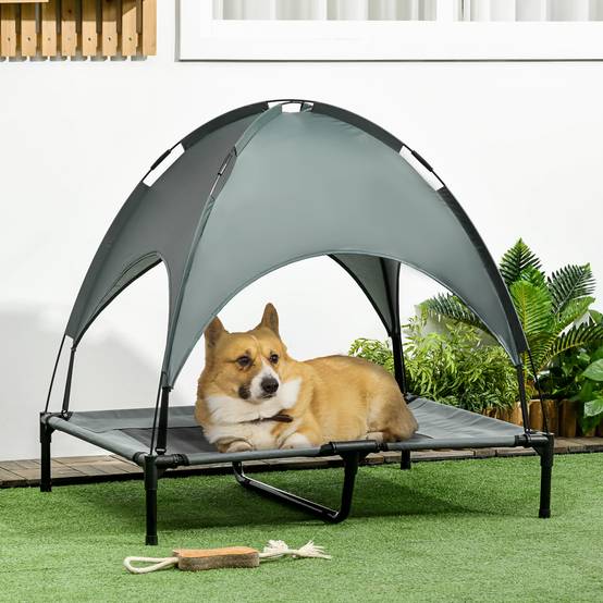 Lit surélevé chien métal extérieur aération maximale avec auvent 92x76cm gris - ComfortXL Outdoor Living - Image 3