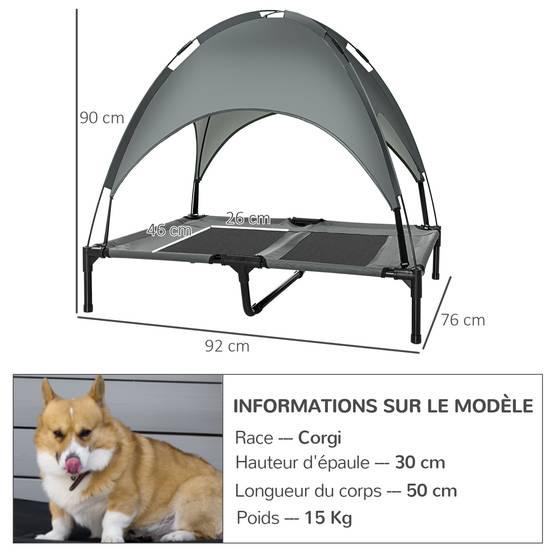 Lit surélevé chien métal extérieur aération maximale avec auvent 92x76cm gris - ComfortXL Outdoor Living - Image 5