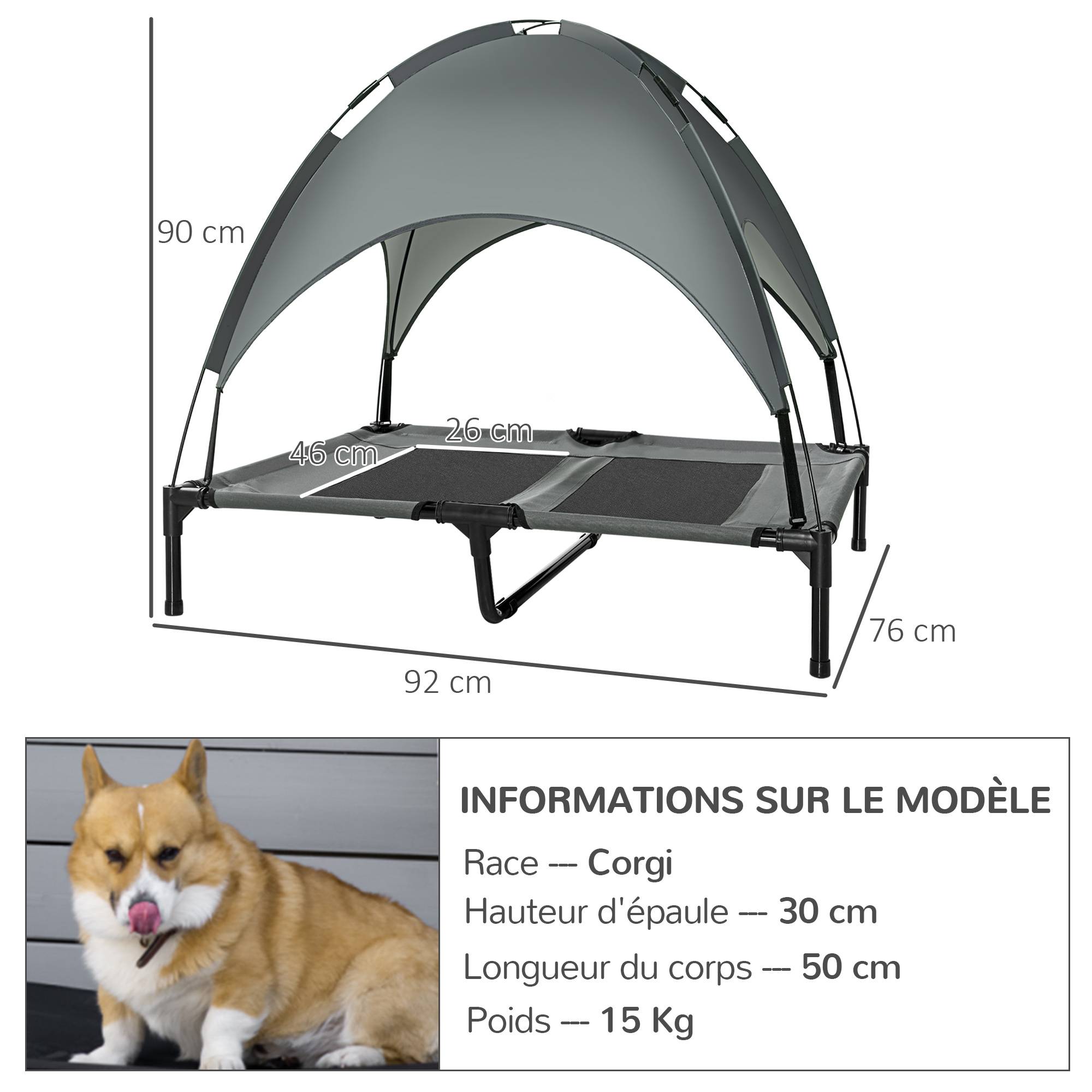 Lit surélevé chien métal extérieur aération maximale avec auvent 92x76cm gris - ComfortXL Outdoor Living - Image 5