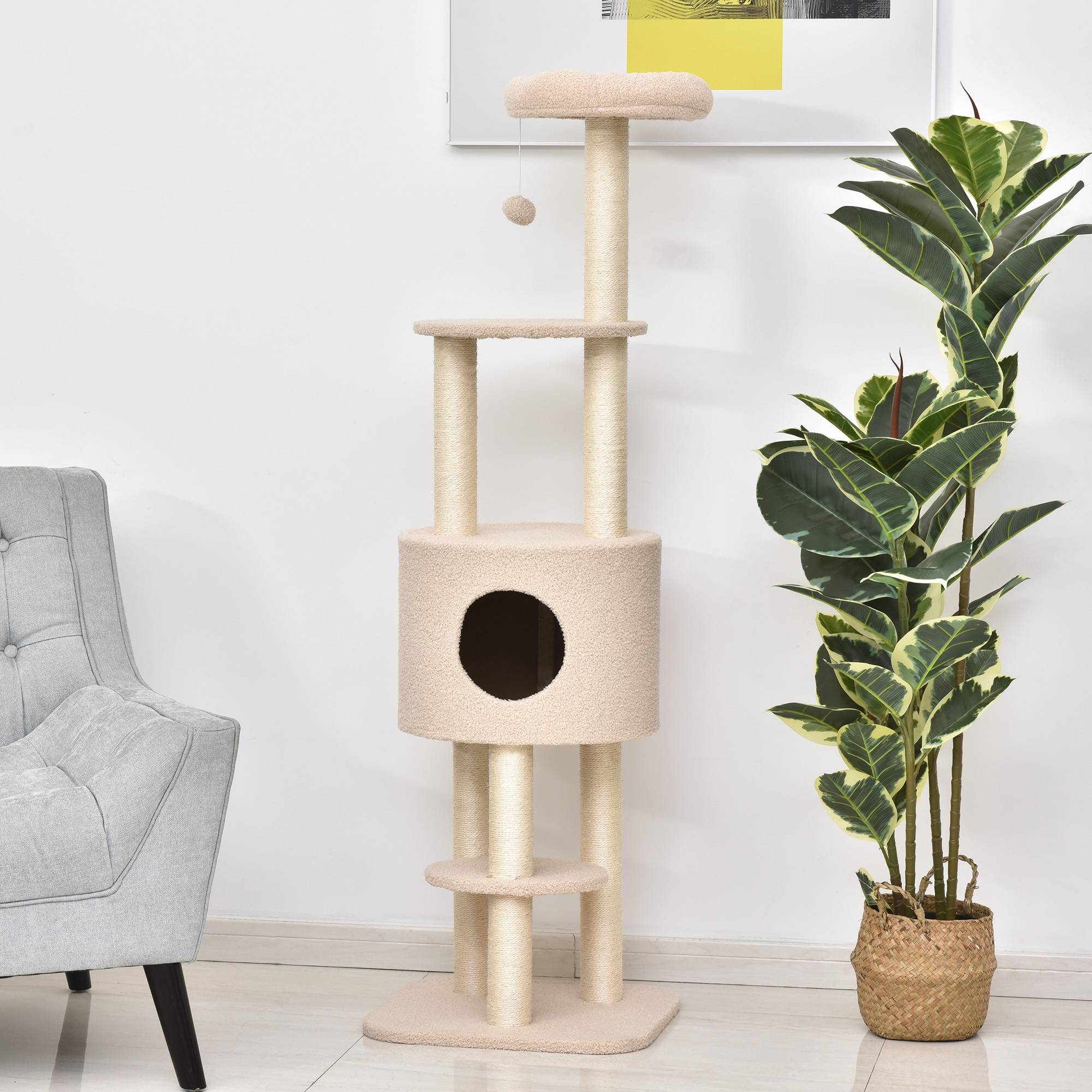 Pawhut - PawHut Arbre à Chats avec Griffoir Niche Poteaux Peluche Haute Densité 45L x 40L x 148H cm Beige - Imagen 5
