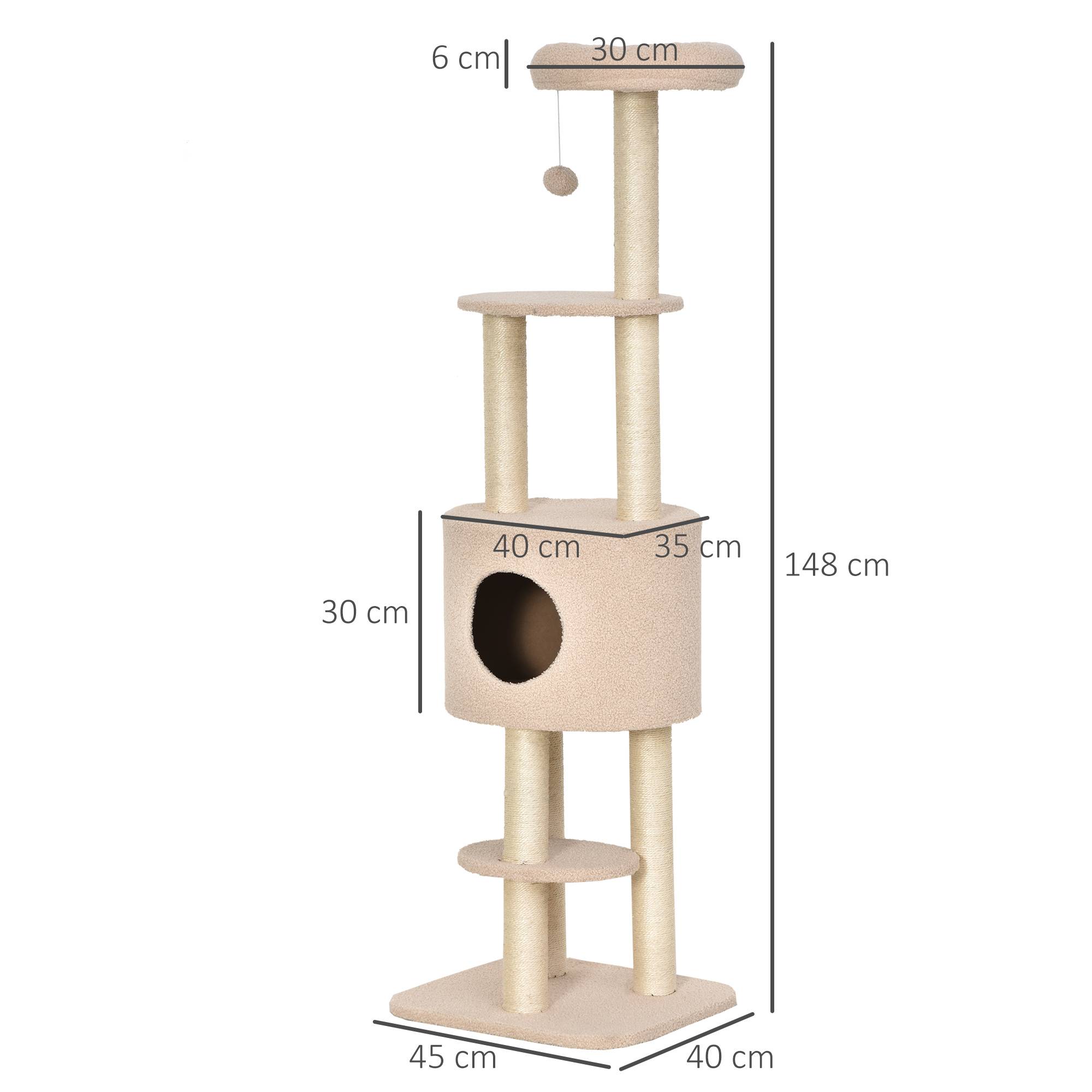 Pawhut - PawHut Arbre à Chats avec Griffoir Niche Poteaux Peluche Haute Densité 45L x 40L x 148H cm Beige - Imagen 3
