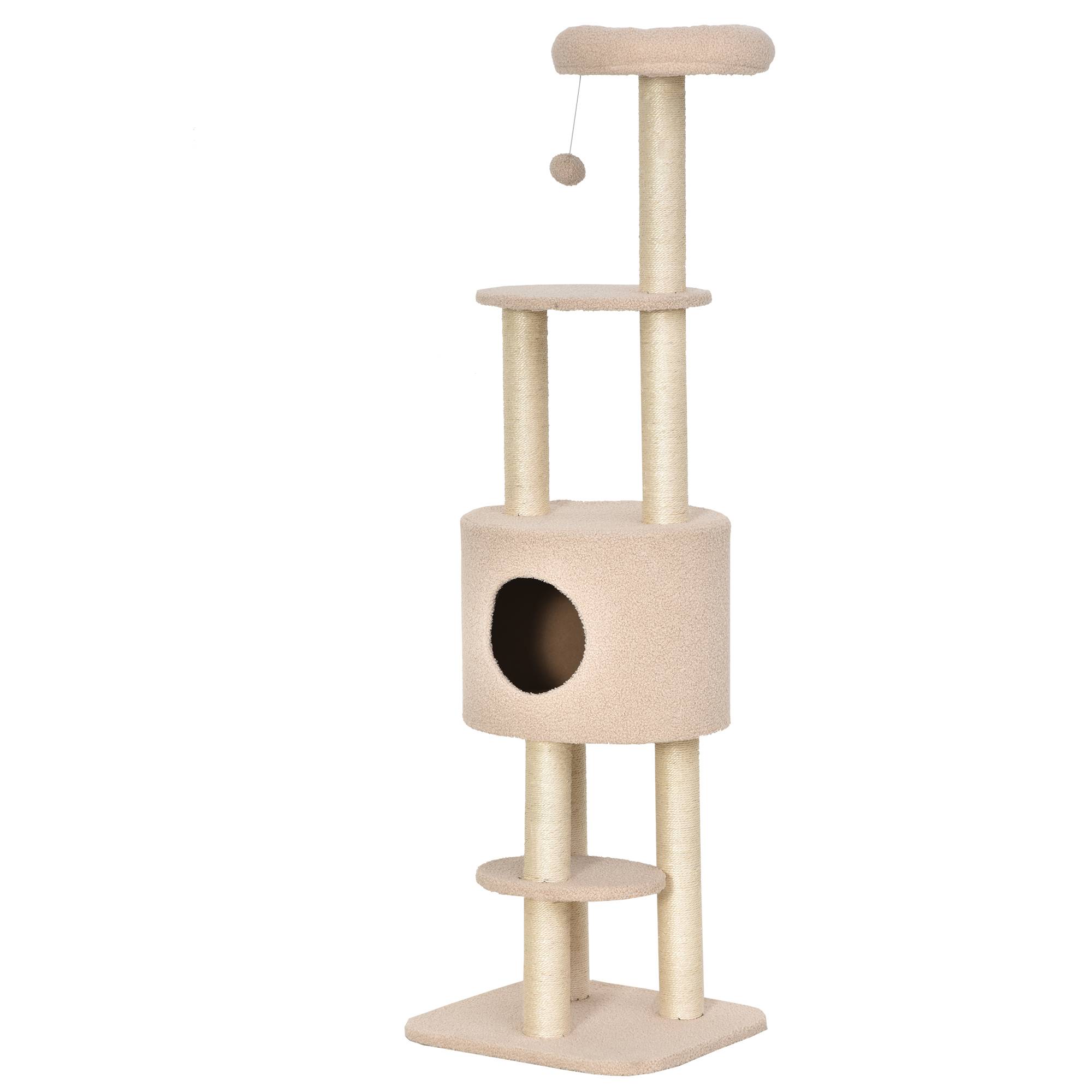 Pawhut - PawHut Arbre à Chats avec Griffoir Niche Poteaux Peluche Haute Densité 45L x 40L x 148H cm Beige - Imagen 1