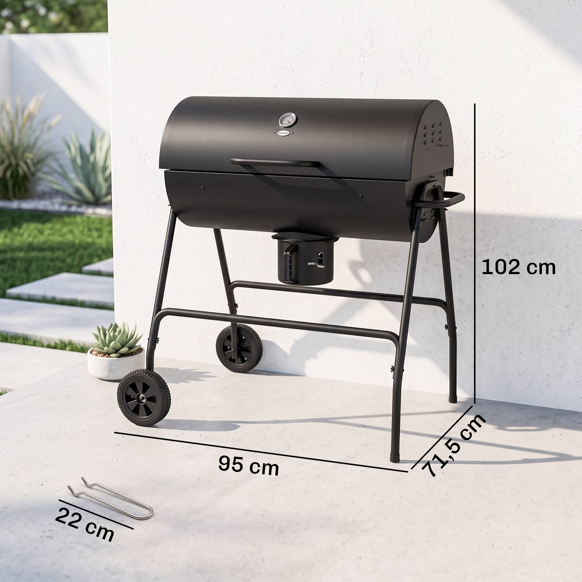 ComfortXL - Barbecue au charbon de bois métal noir 95 x 71,5 x 102 cm jardin avec couvercle thermomètre roulettes cendrier - Image 3