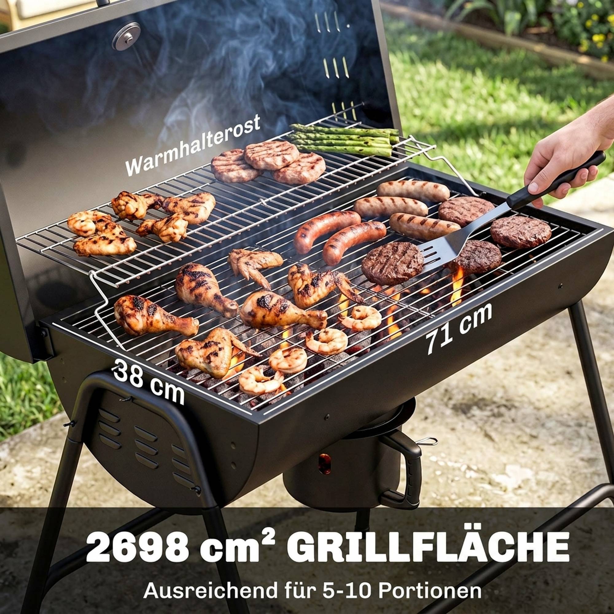 ComfortXL - Barbecue au charbon de bois métal noir 95 x 71,5 x 102 cm jardin avec couvercle thermomètre roulettes cendrier - Image 4
