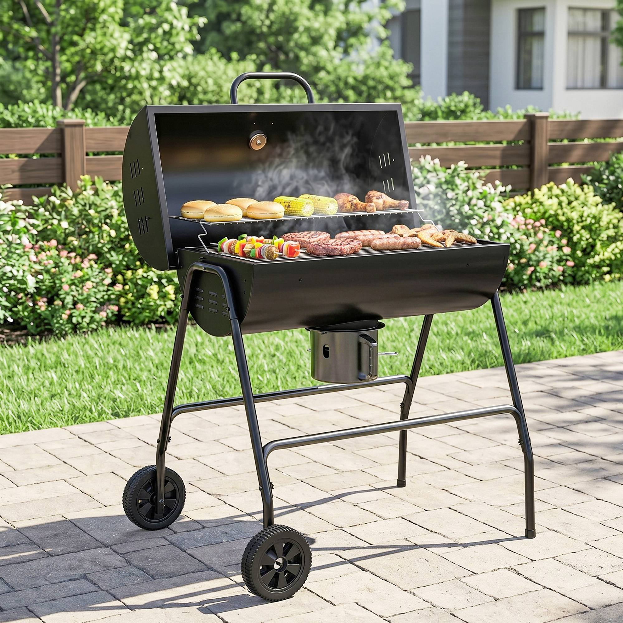 ComfortXL - Barbecue au charbon de bois métal noir 95 x 71,5 x 102 cm jardin avec couvercle thermomètre roulettes cendrier - Image 9