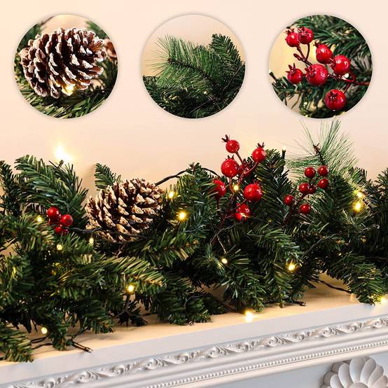 Couronne de Noël, guirlande de cheminée, décoration de fête de Noël en canne, 2,7 mètres (sans lumières) - Image 8