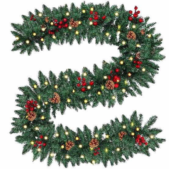 Couronne de Noël, guirlande de cheminée, décoration de fête de Noël en canne, 2,7 mètres (sans lumières) - Image 1