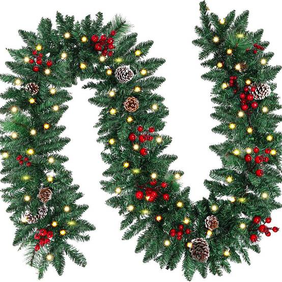 Couronne de Noël, guirlande de cheminée, décoration de fête de Noël en canne, 2,7 mètres (sans lumières) - Image 3