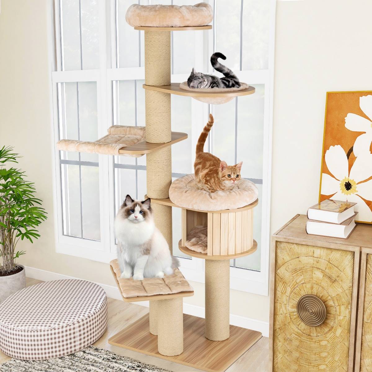 Arbre à Chat en Bois 191CM avec Hamac Panier Perchoir et Niche Tour à Chat avec Coussin Amovible - Image 2