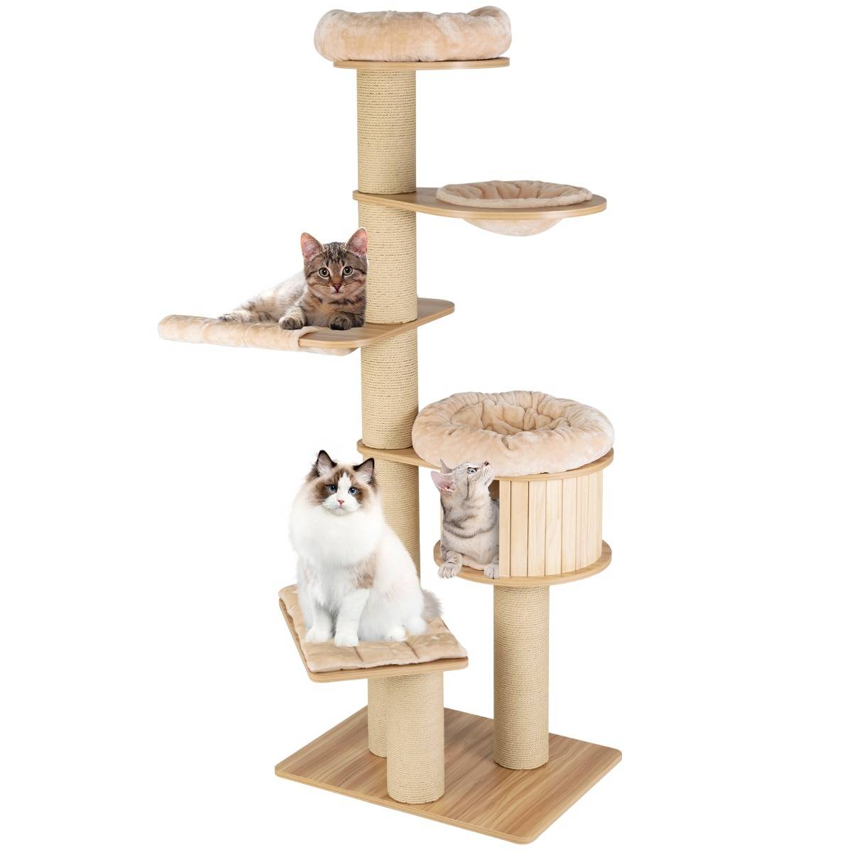 Arbre à Chat en Bois 191CM avec Hamac Panier Perchoir et Niche Tour à Chat avec Coussin Amovible - Image 4