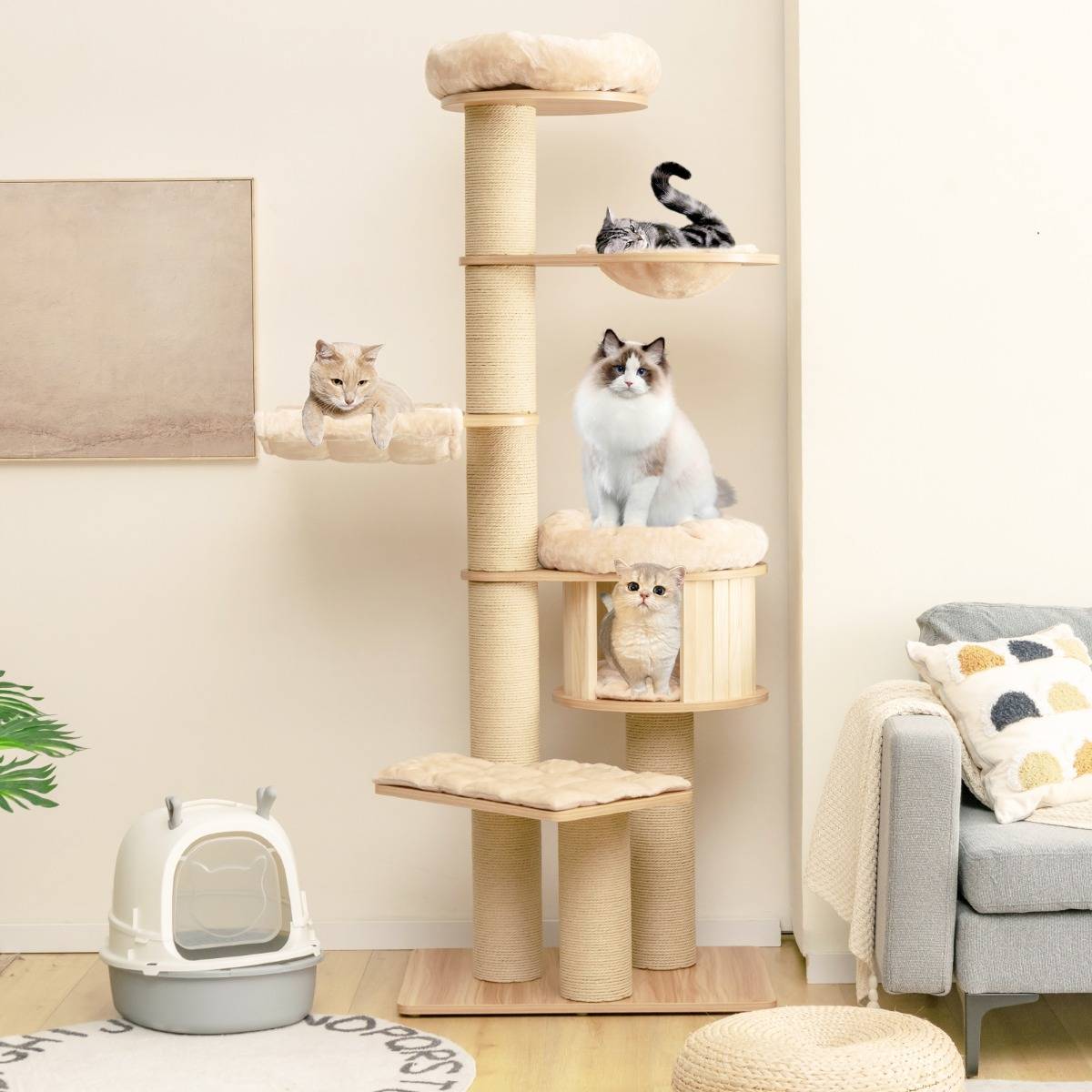Arbre à Chat en Bois 191CM avec Hamac Panier Perchoir et Niche Tour à Chat avec Coussin Amovible - Image 3
