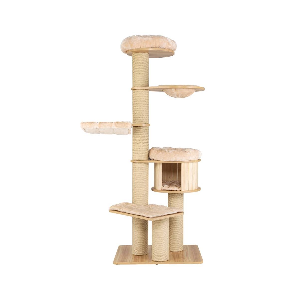 Arbre à Chat en Bois 191CM avec Hamac Panier Perchoir et Niche Tour à Chat avec Coussin Amovible