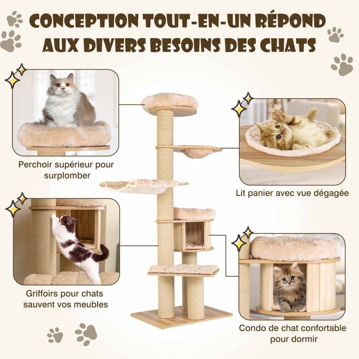 Arbre à Chat en Bois 191CM avec Hamac Panier Perchoir et Niche Tour à Chat avec Coussin Amovible - Image 7