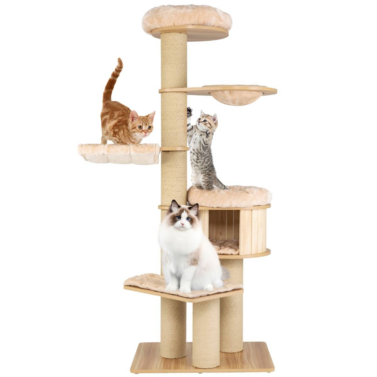 Arbre à Chat en Bois 191CM avec Hamac Panier Perchoir et Niche Tour à Chat avec Coussin Amovible - Image 5