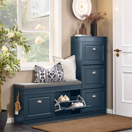 SoBuy Banc de Rangement à Chaussures avec 2 Abattants et Coussin, Coffre en Bois Laqué Bleu - Image 7
