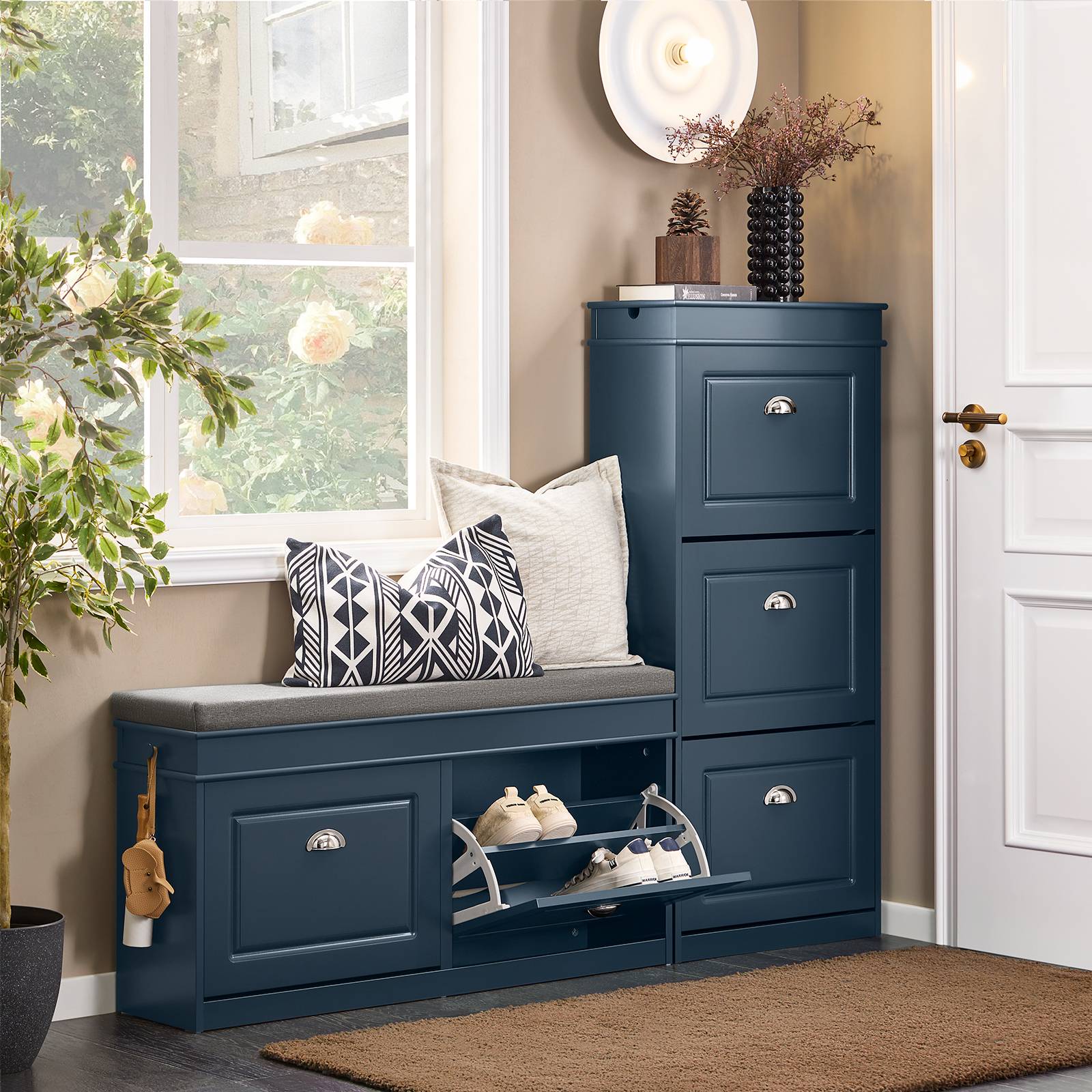 SoBuy Banc de Rangement à Chaussures avec 2 Abattants et Coussin, Coffre en Bois Laqué Bleu - Image 7