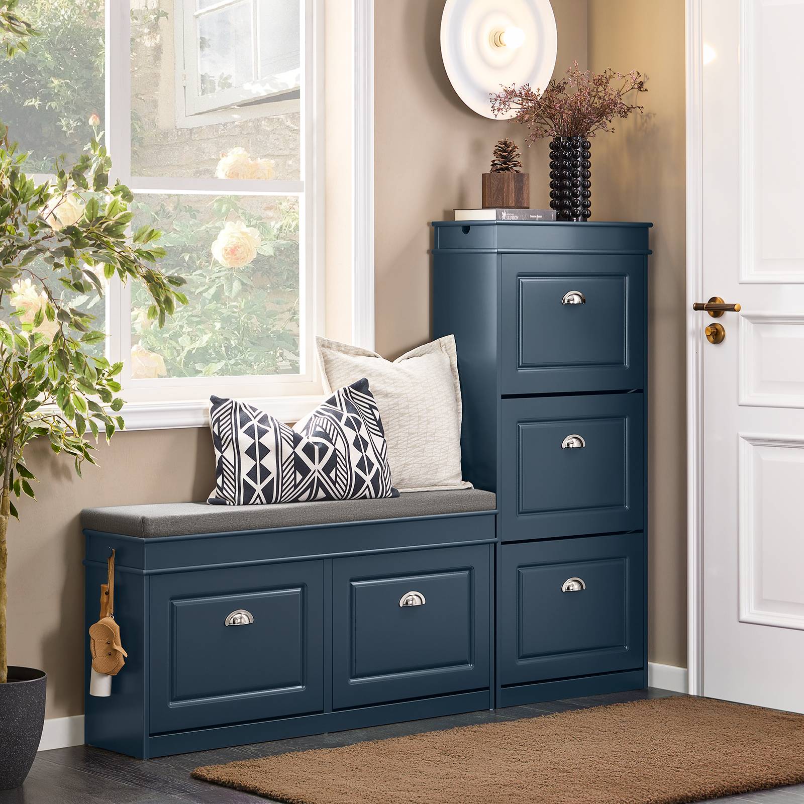 SoBuy Banc de Rangement à Chaussures avec 2 Abattants et Coussin, Coffre en Bois Laqué Bleu - Image 2