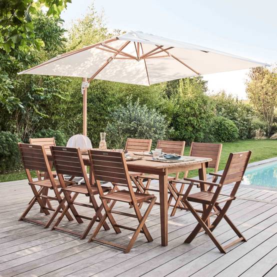 Oviala - Table de jardin extensible en bois 200/300 cm et 10 chaises pliantes Canet - Oviala - Imagen 3
