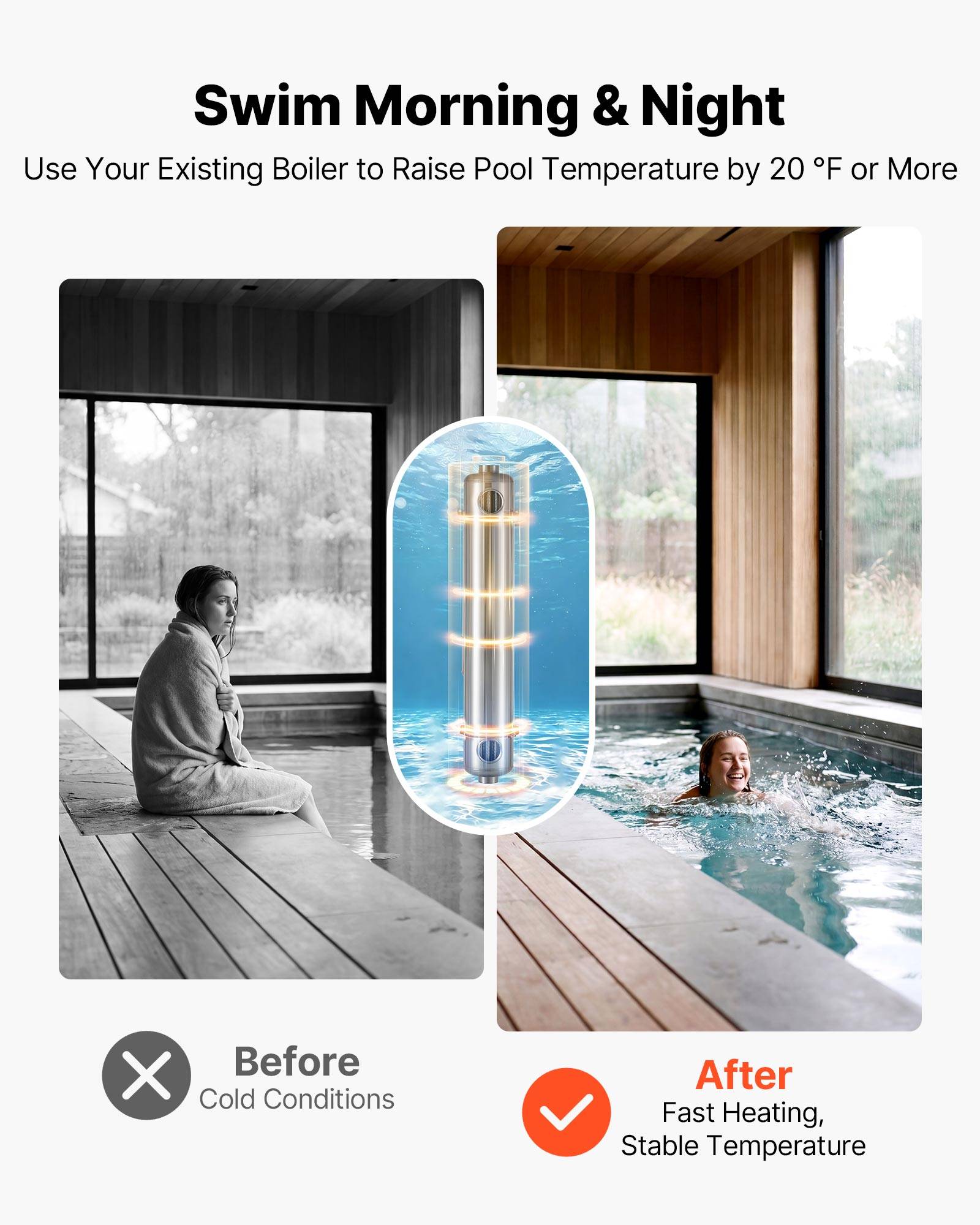 Vevor - VEVOR Échangeur de chaleur piscine, acier inox 316L, 105,5 kW, 30 tubes, surface 0,69 m², pour piscines, spas et bains à remous, argent. - Image 3