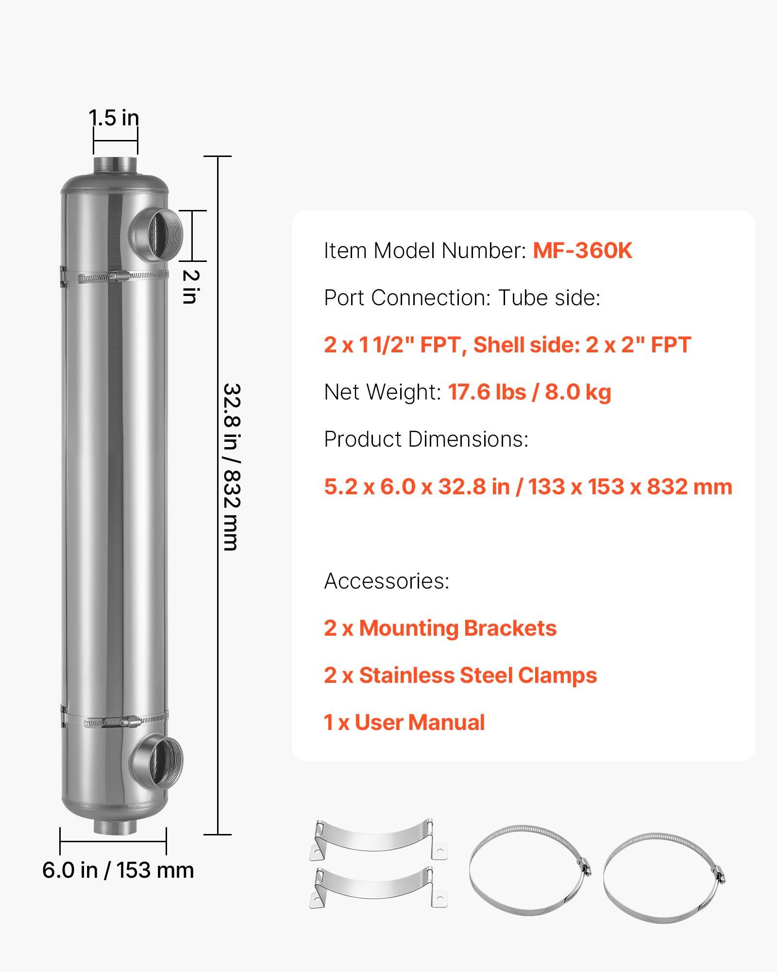 Vevor - VEVOR Échangeur de chaleur piscine, acier inox 316L, 105,5 kW, 30 tubes, surface 0,69 m², pour piscines, spas et bains à remous, argent. - Image 6