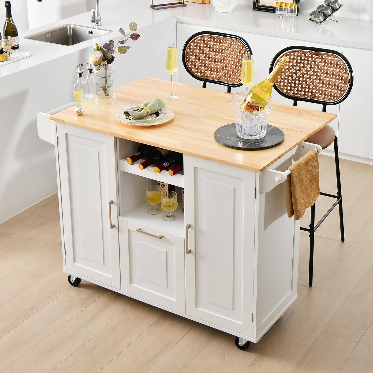Chariot De Cuisine Shabby Chic – Style Buffet, Porte-Bouteilles Et Porte-Vin – Bois Blanc