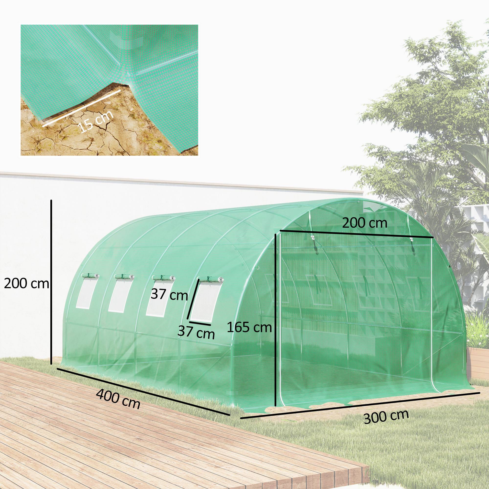 Sans Marque - Serre polyéthylène 8 fenêtres porte sectionnelle bords enterrés 4x3x2 m verte - Image 5