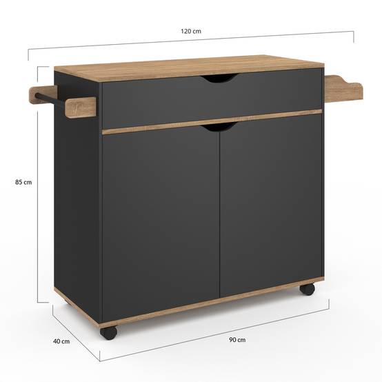 Desserte de cuisine COSY XXL placard avec tiroir noir et plateaux façon hêtre L.90 CM - Image 5
