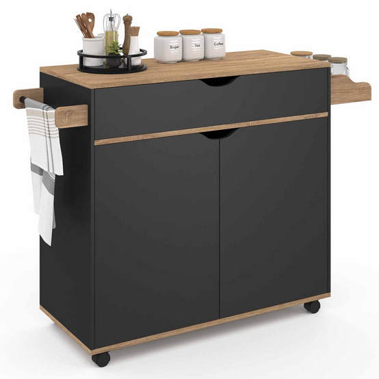 Desserte de cuisine COSY XXL placard avec tiroir noir et plateaux façon hêtre L.90 CM - Image 2