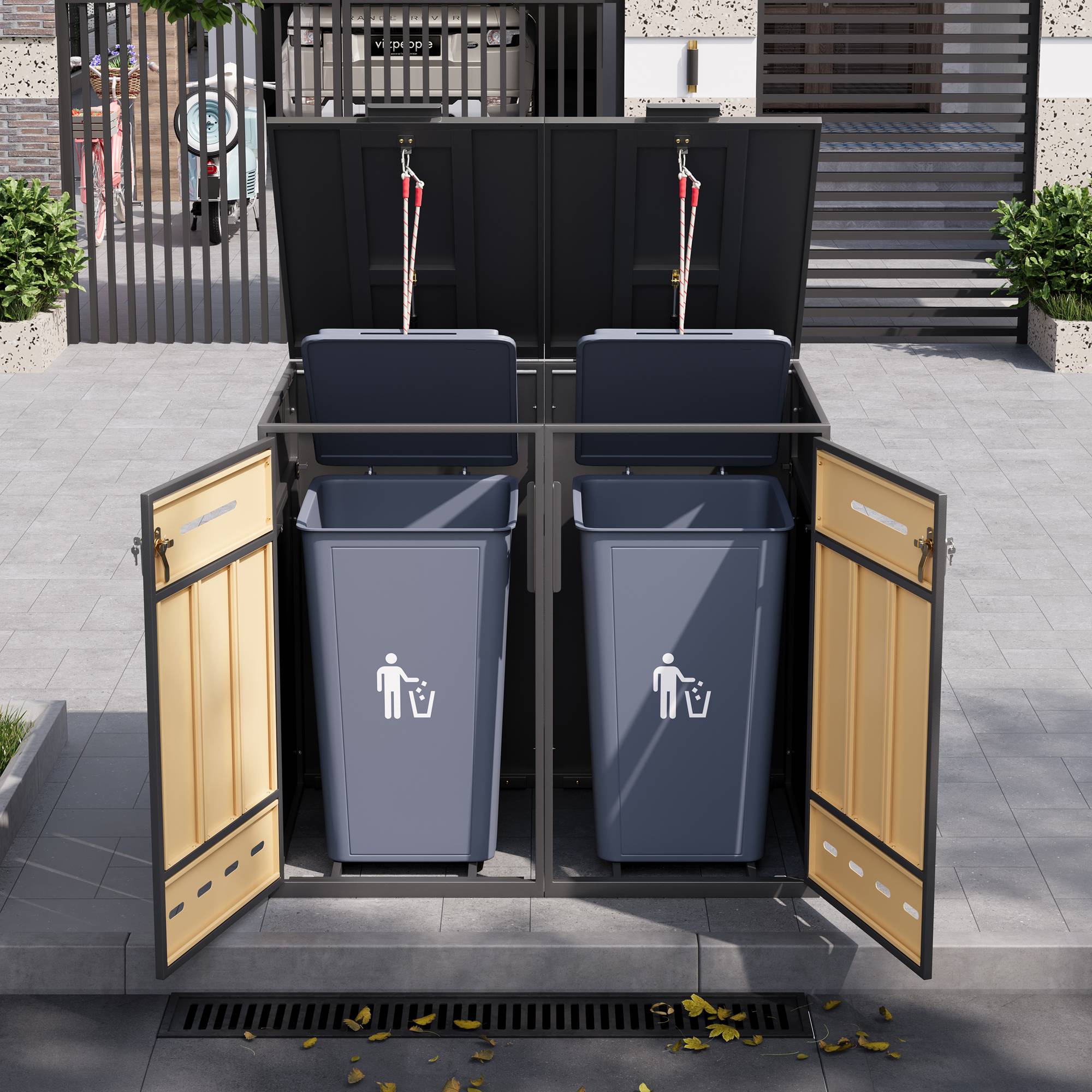 PANGIVO - Coffre à déchets en métal avec porte en bois, pour 2 poubelles 120-240L, 132 x 84.5 x 118 cm - PANGIVO - Image 2