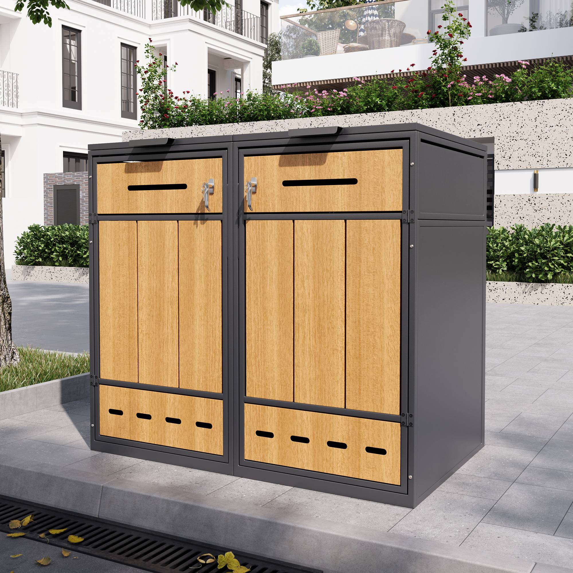 PANGIVO - Coffre à déchets en métal avec porte en bois, pour 2 poubelles 120-240L, 132 x 84.5 x 118 cm - PANGIVO - Image 4