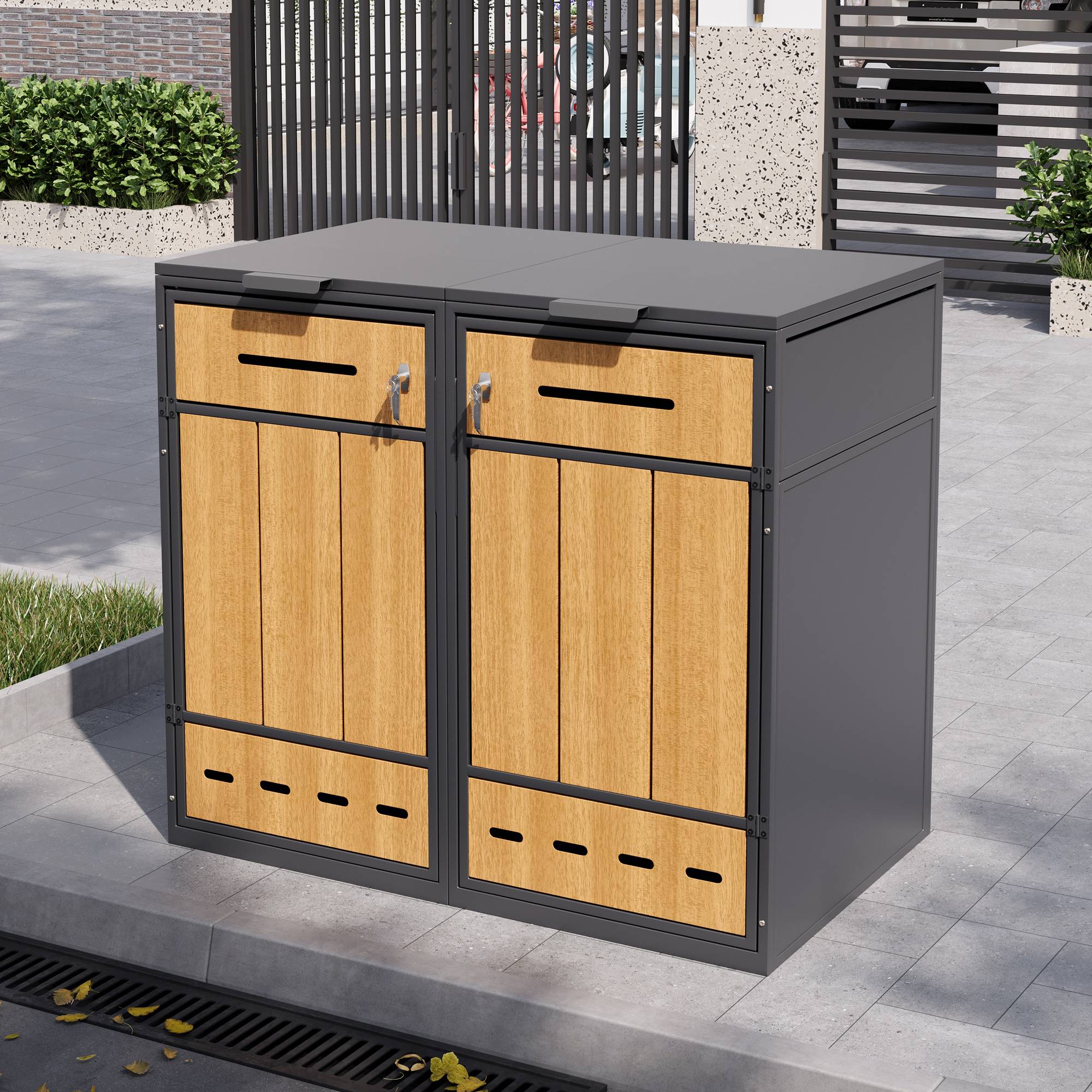 PANGIVO - Coffre à déchets en métal avec porte en bois, pour 2 poubelles 120-240L, 132 x 84.5 x 118 cm - PANGIVO - Image 1