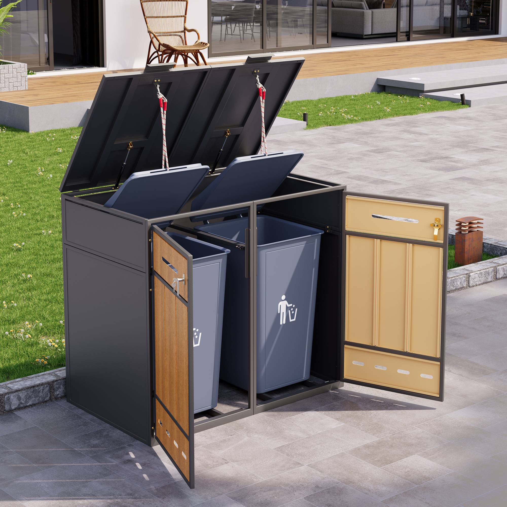 PANGIVO - Coffre à déchets en métal avec porte en bois, pour 2 poubelles 120-240L, 132 x 84.5 x 118 cm - PANGIVO - Image 7