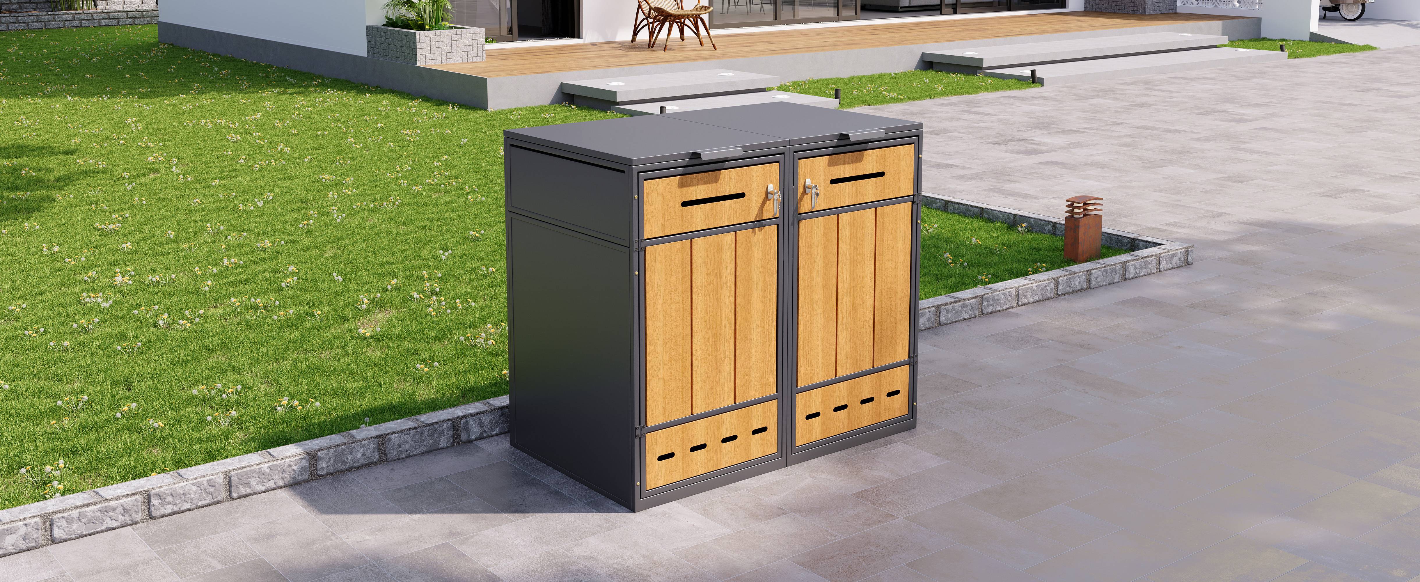 PANGIVO - Coffre à déchets en métal avec porte en bois, pour 2 poubelles 120-240L, 132 x 84.5 x 118 cm - PANGIVO - Image 10