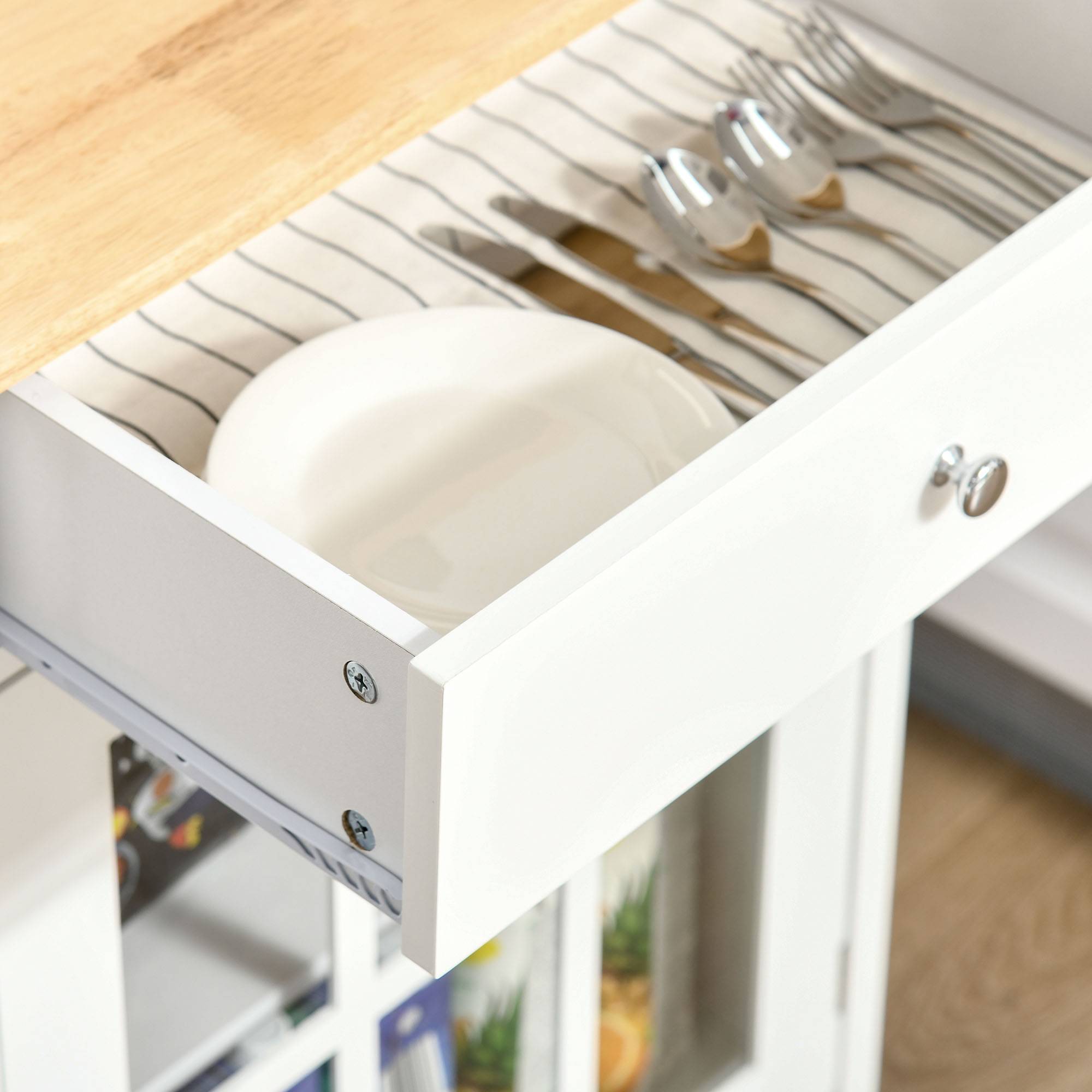 Desserte de cuisine à roulettes multi-rangement - placard porte vitrée avec étagère réglable, tiroir, porte-torchon - blanc aspect chêne clair - Image 10
