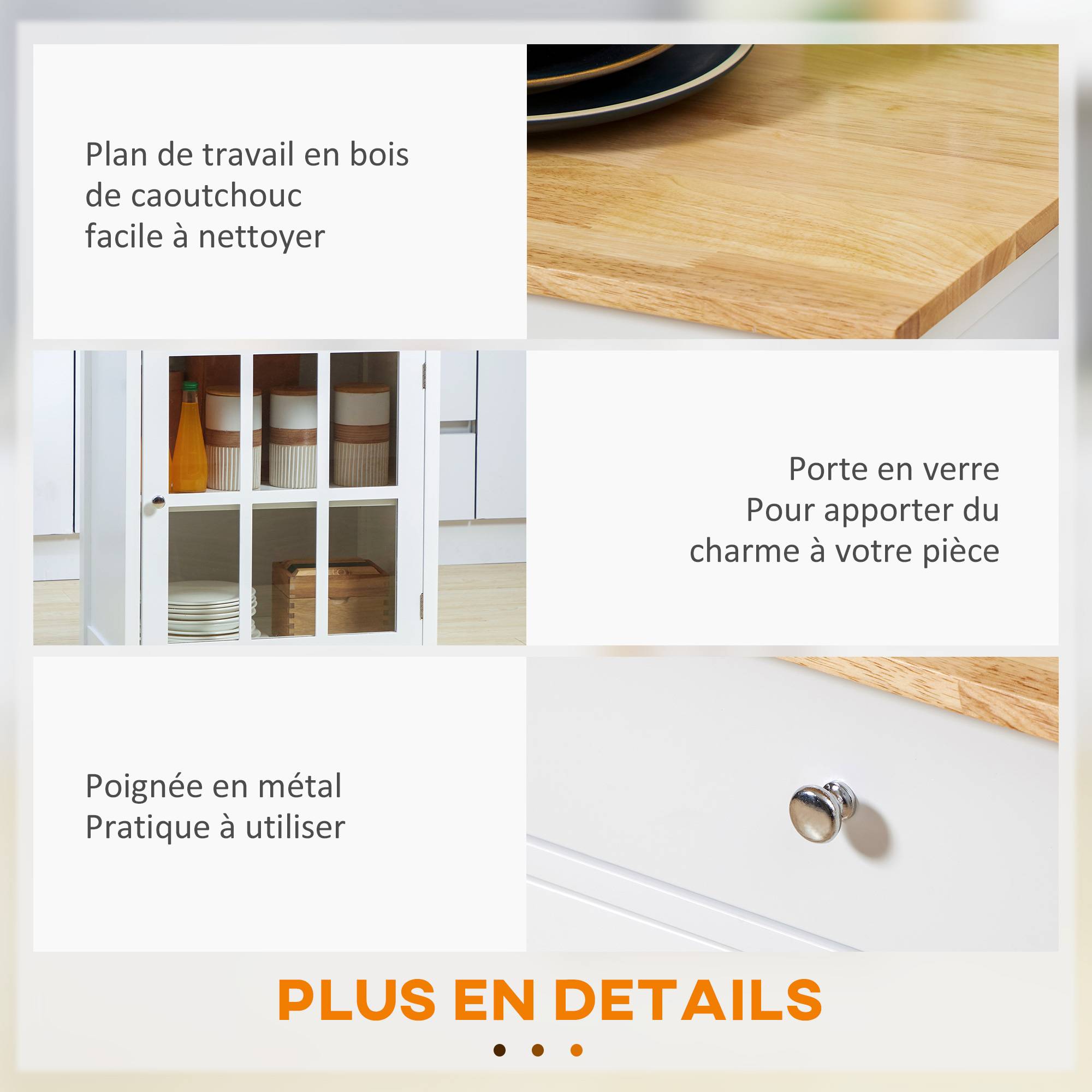 Desserte de cuisine à roulettes multi-rangement - placard porte vitrée avec étagère réglable, tiroir, porte-torchon - blanc aspect chêne clair - Image 9