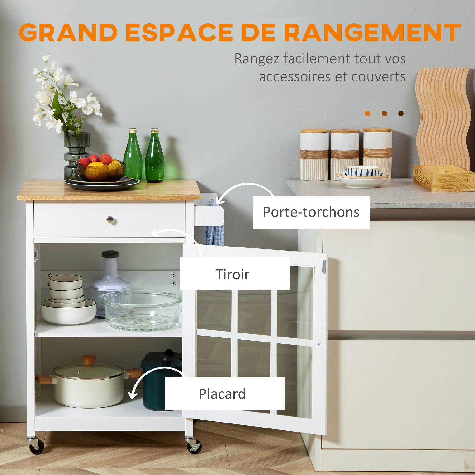 Desserte de cuisine à roulettes multi-rangement - placard porte vitrée avec étagère réglable, tiroir, porte-torchon - blanc aspect chêne clair - Image 6
