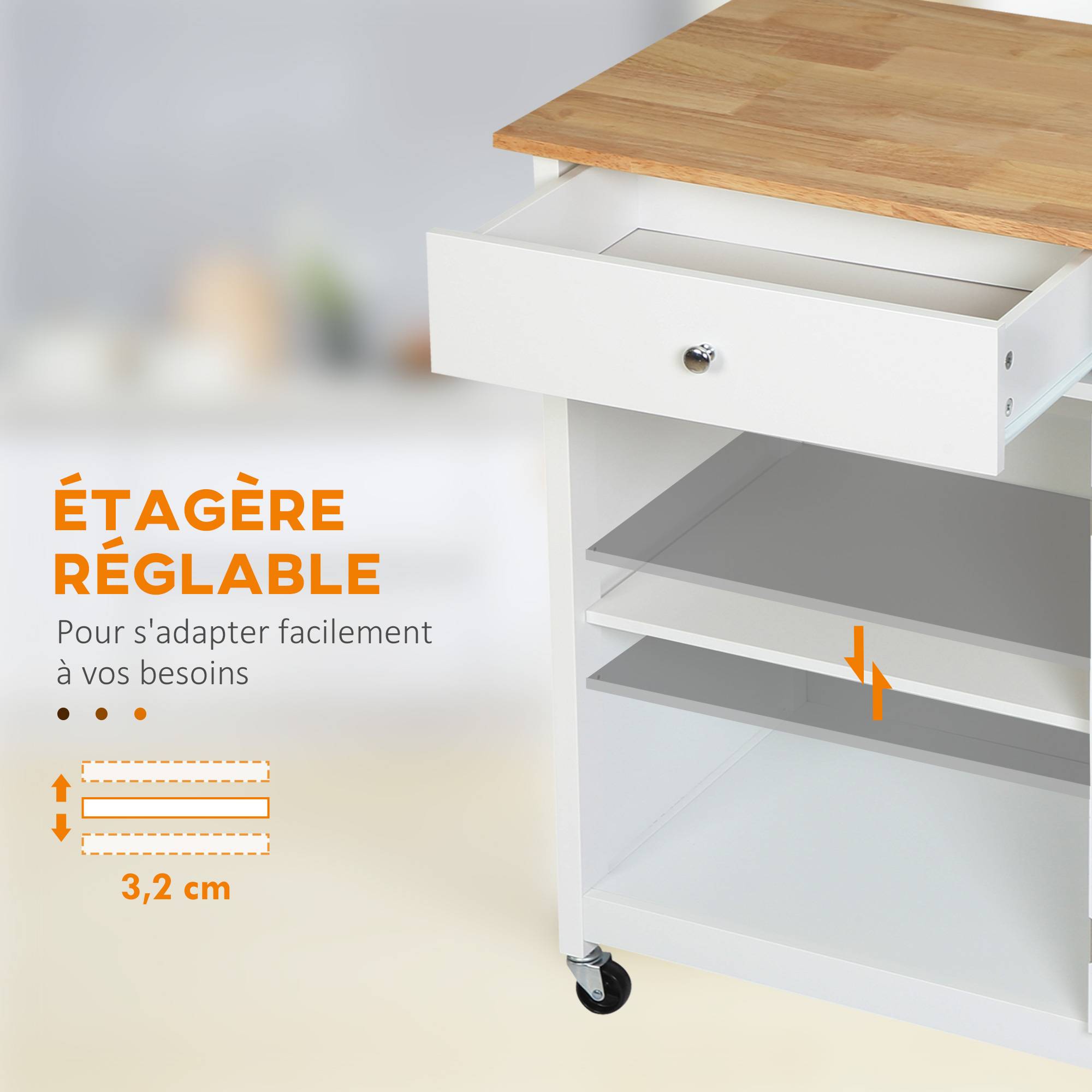 Desserte de cuisine à roulettes multi-rangement - placard porte vitrée avec étagère réglable, tiroir, porte-torchon - blanc aspect chêne clair - Image 8