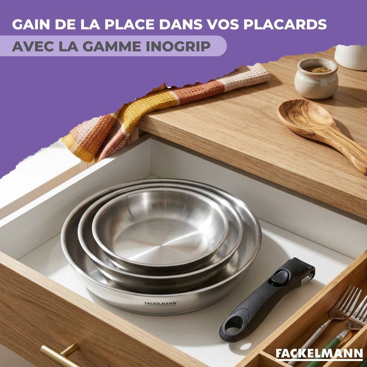 Lot de 1 poêle 24 cm en inox et 1 manche amovible Fackelmann InoGrip - Image 6