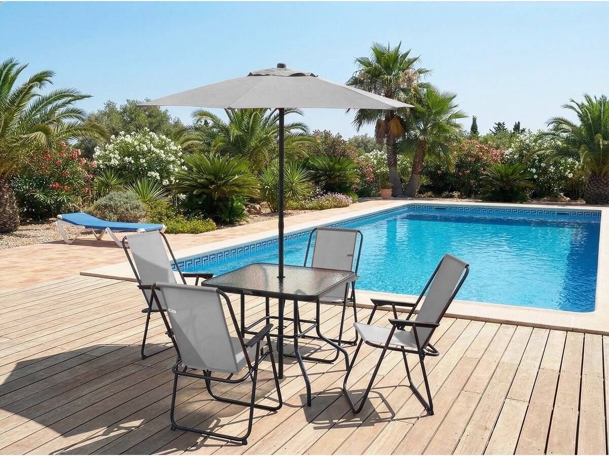 Table Et Chaises De Jardin Avec Parasol En Métal "convivia" - 4 Places - Gris Clair -habitat Et Jardin - Image 2