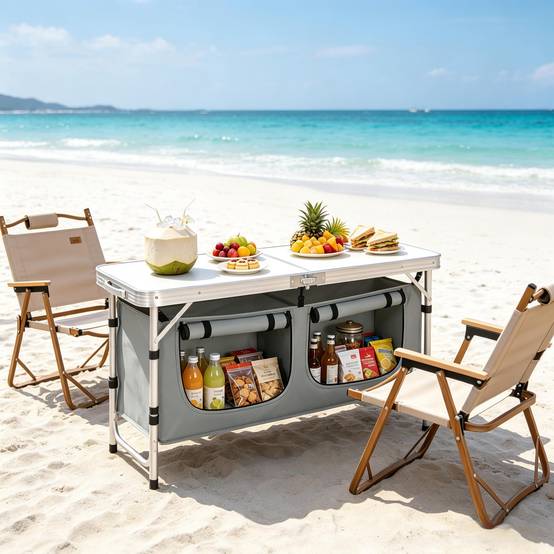 Table jardin pliable pieds ajustables, équipée sac de rangement suspendu - Image 1