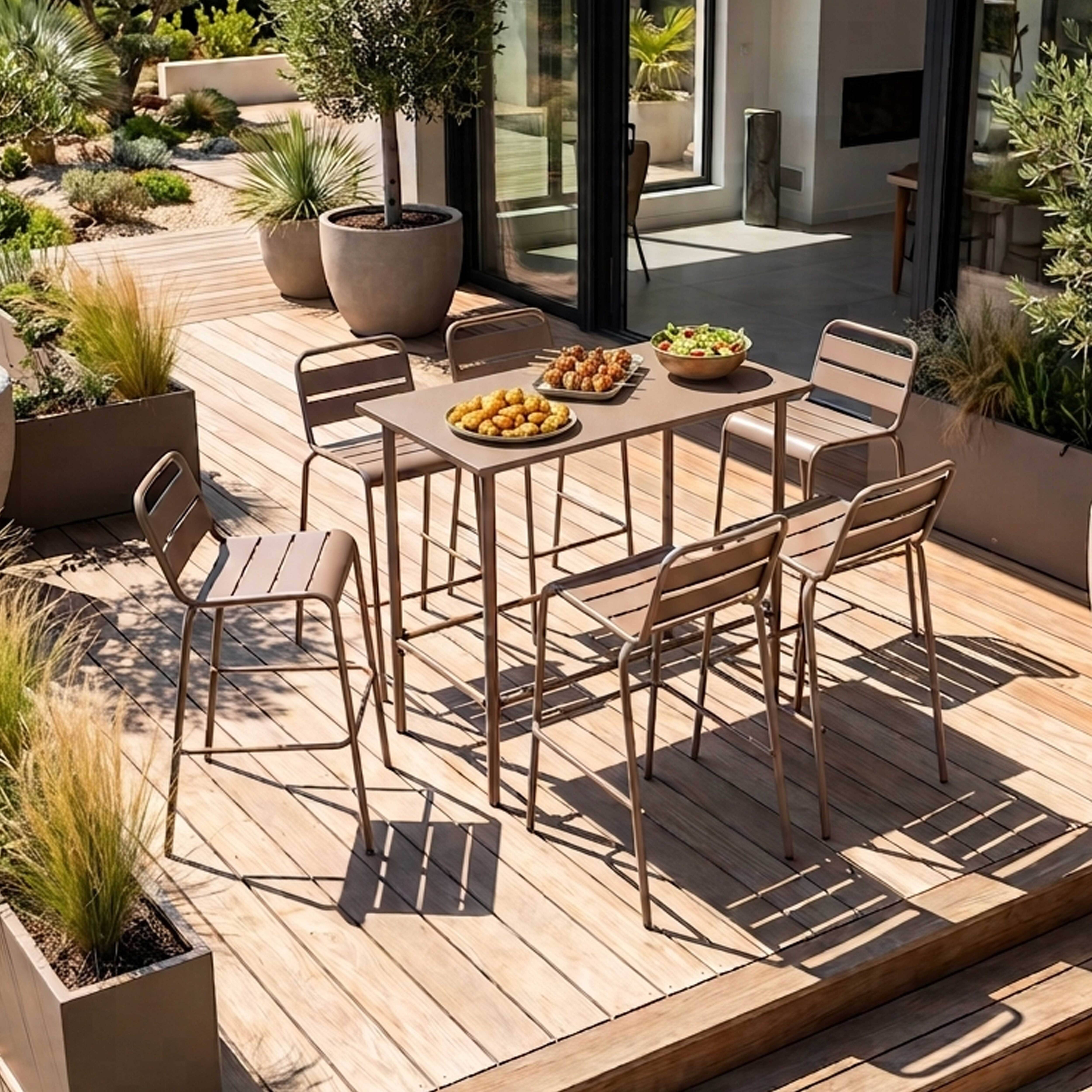 Oviala - Ensemble table haute de jardin et 6 chaises en métal taupe Palavas - Oviala - Imagen 2
