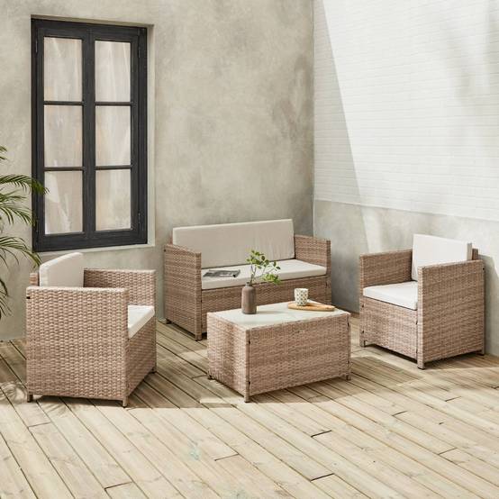 Salon de jardin en résine tressée - Perugia - Résine naturelle Coussins beiges - 4 places - 1 canapé. 2 fauteuils. une table basse | sweeek - Image 3