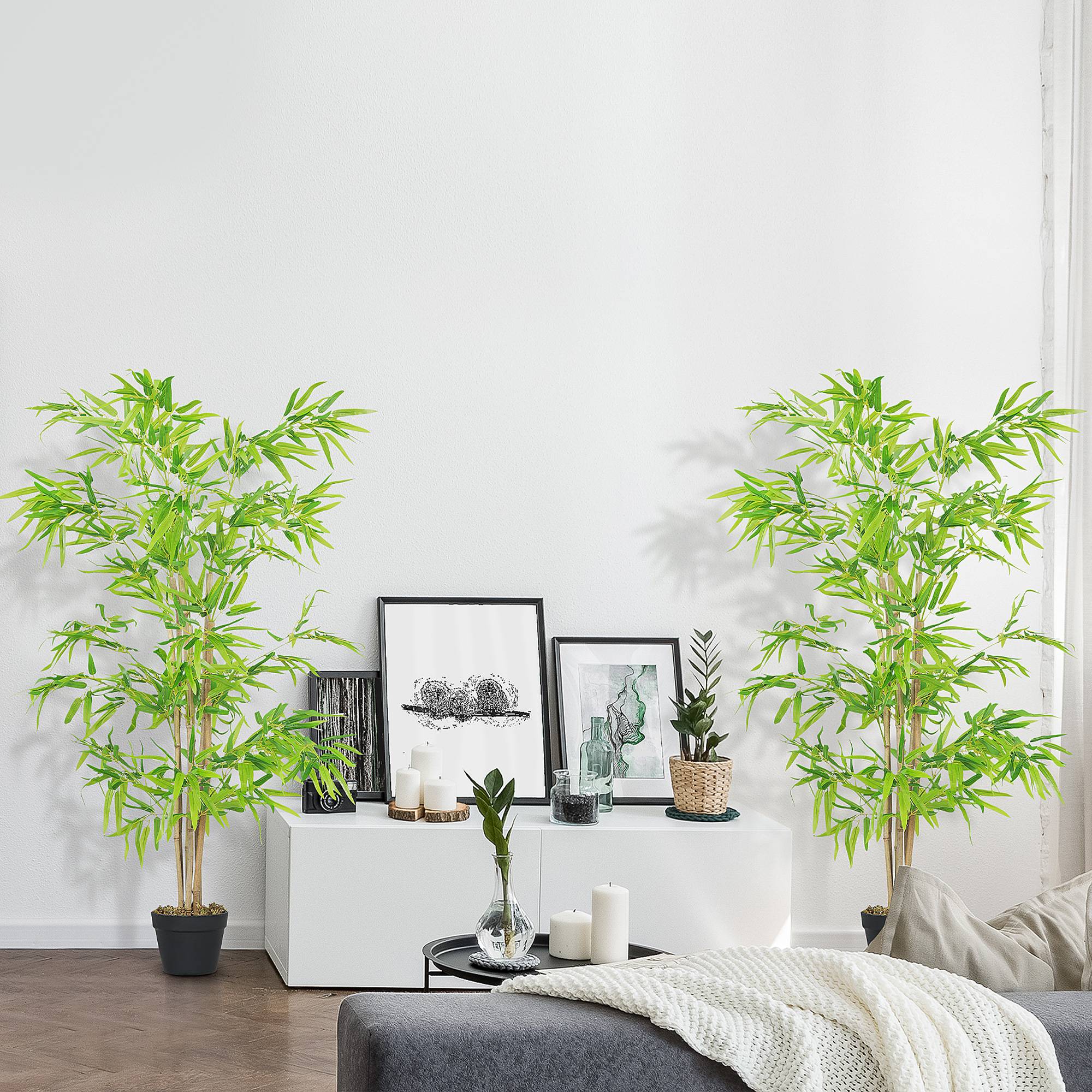 Lot de 2 bambous artificiels Hauteur 1,5 m 644 Feuilles denses réalistes Pot Inclus Noir avec Lichen Vert - Image 4