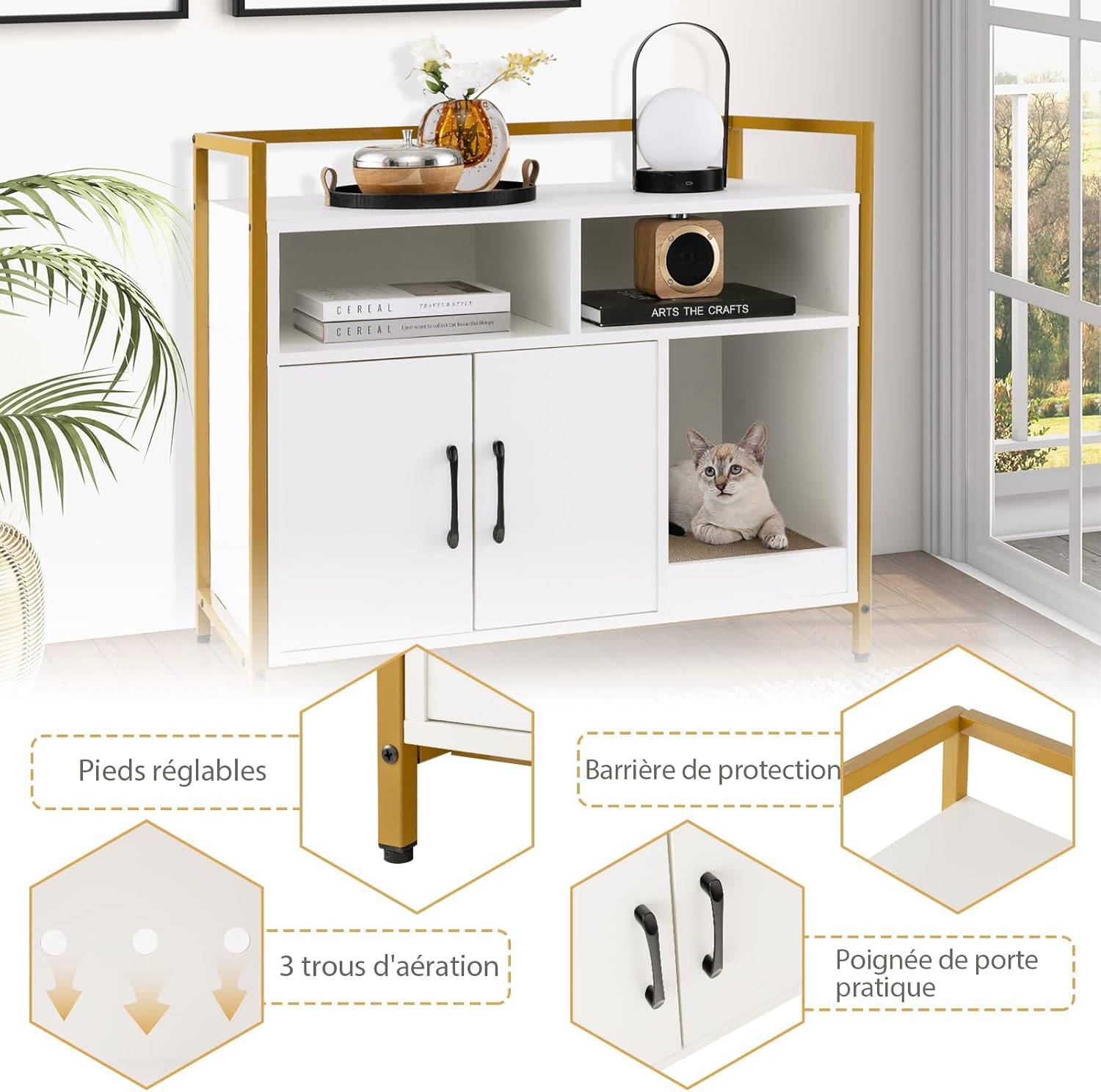 Meuble Litiere Chat Griffoir Amovible Industriel,89x45x74,5cm (Blanc) - Image 6