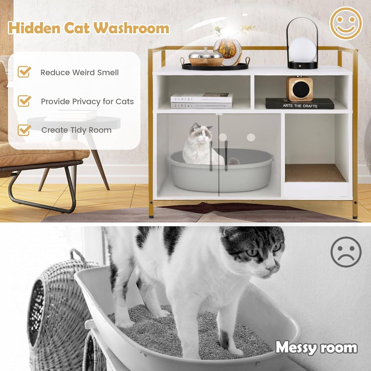 Meuble Litiere Chat Griffoir Amovible Industriel,89x45x74,5cm (Blanc) - Image 3