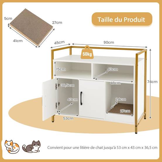 Meuble Litiere Chat Griffoir Amovible Industriel,89x45x74,5cm (Blanc) - Image 2