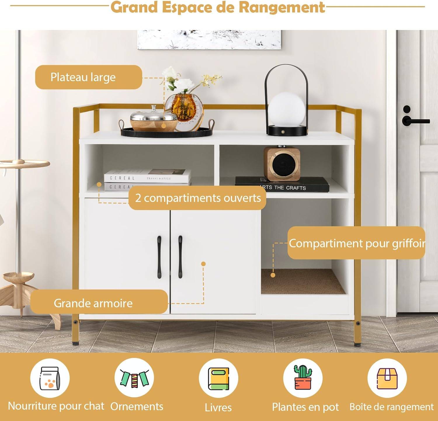 Meuble Litiere Chat Griffoir Amovible Industriel,89x45x74,5cm (Blanc) - Image 5